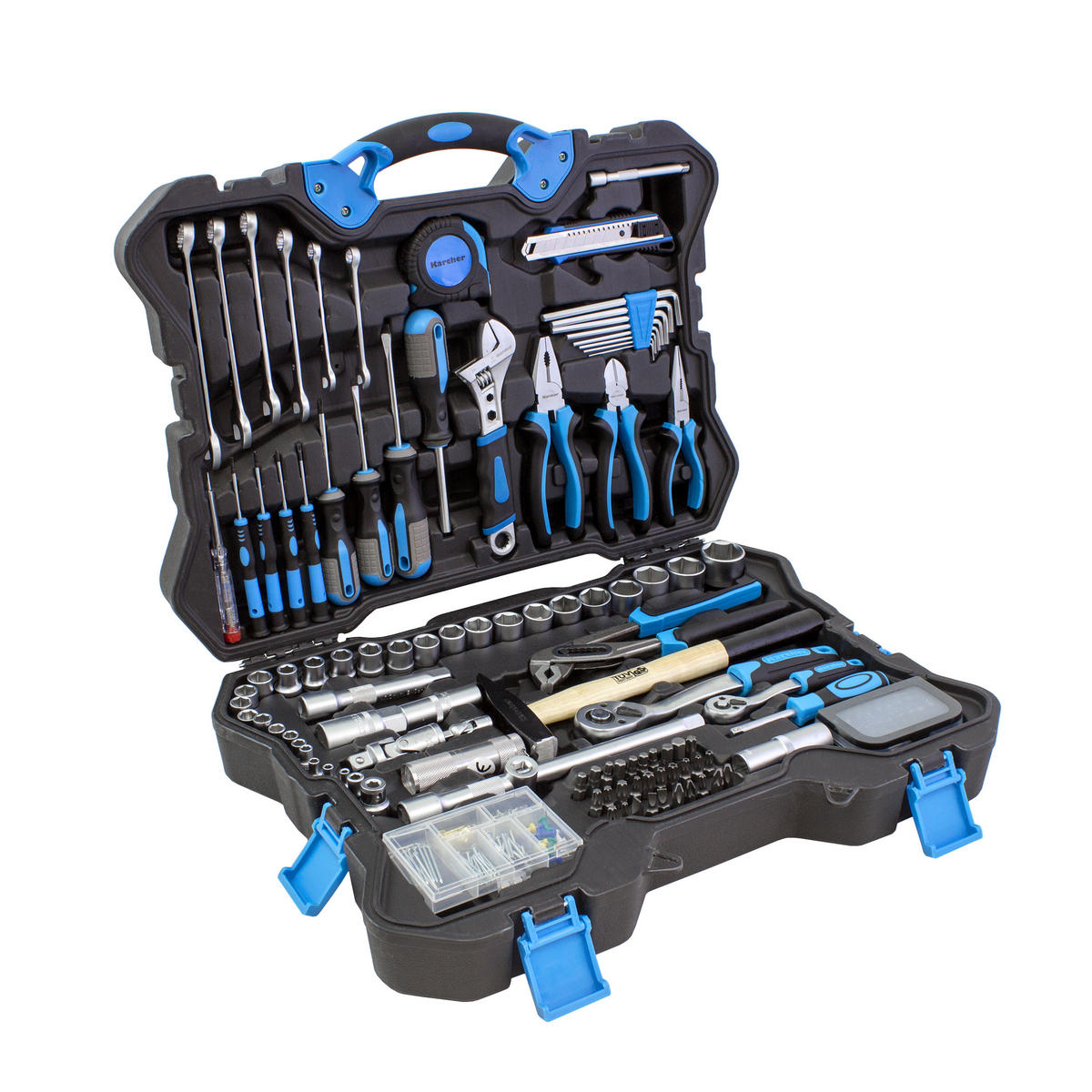 WERKZEUGKOFFER 135-teilig | Mit Hammer, Schraubendreher, Steckschlüssel, Bitsatz, Taschenlampe uvm. - Blau, Metall (43.5/15/55cm) - Karcher