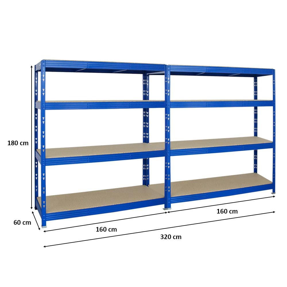 SCHWERLASTREGAL Rhino 2er-Set mit 2x 180x160x60 cm 4 Spanplatten-Ebenen 16mm Fachlast 500 kg Blau - Blau, Metall (320/180/60cm) - PROREGAL