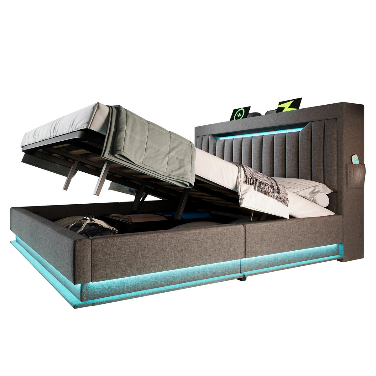 POLSTERBETT 160/200 cm Grau mit Stauraum und LED-Beleuchtung aus Leinen - Grau, Textil (160/200cm) - OKWISH