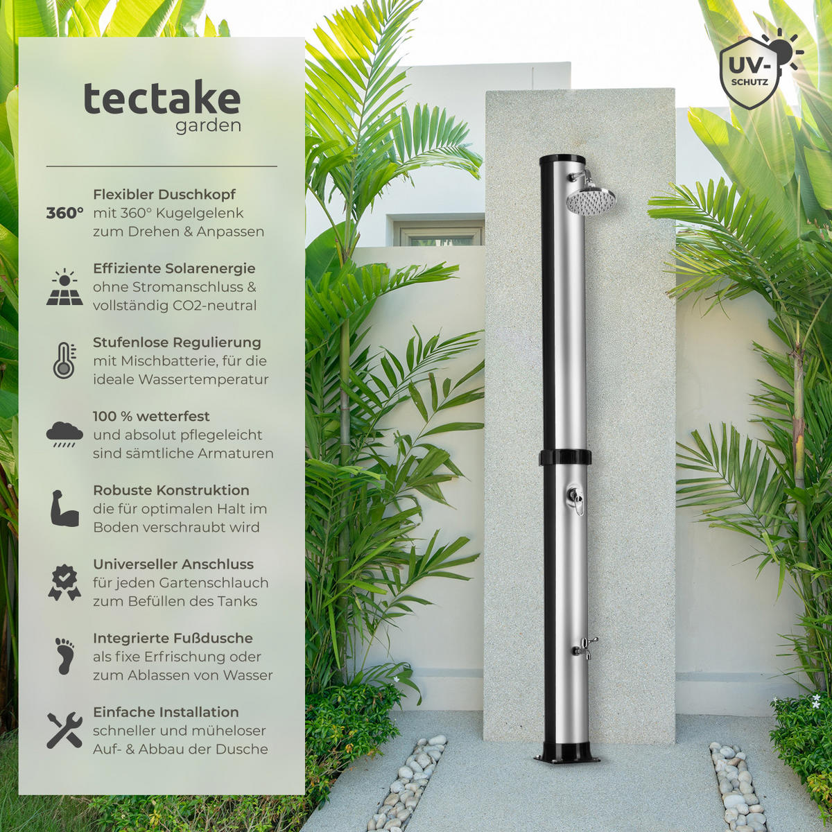 SOLARDUSCHE Orinoco,inklusive Wasserhahn,schwarz/silber - Silberfarben/Schwarz, Kunststoff (19.5/222/47cm) - tectake