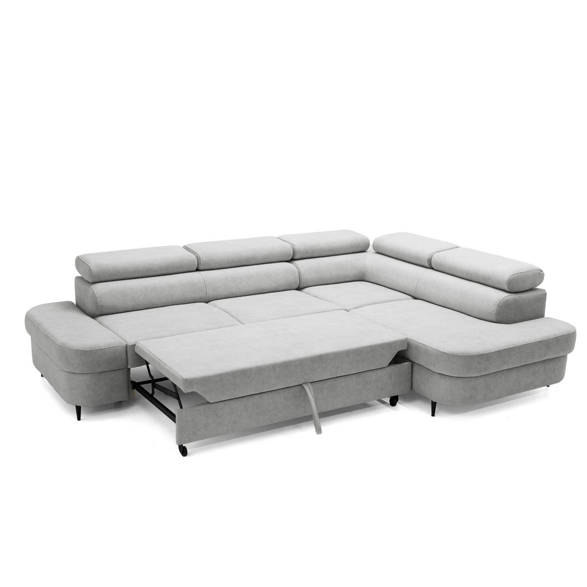 ECKSOFA PRIAM L Rechts mit Schlaffunktion 125x195 Velours Hellgrau - Hellgrau/Schwarz, Holz/Textil (203/275cm) - Muffo