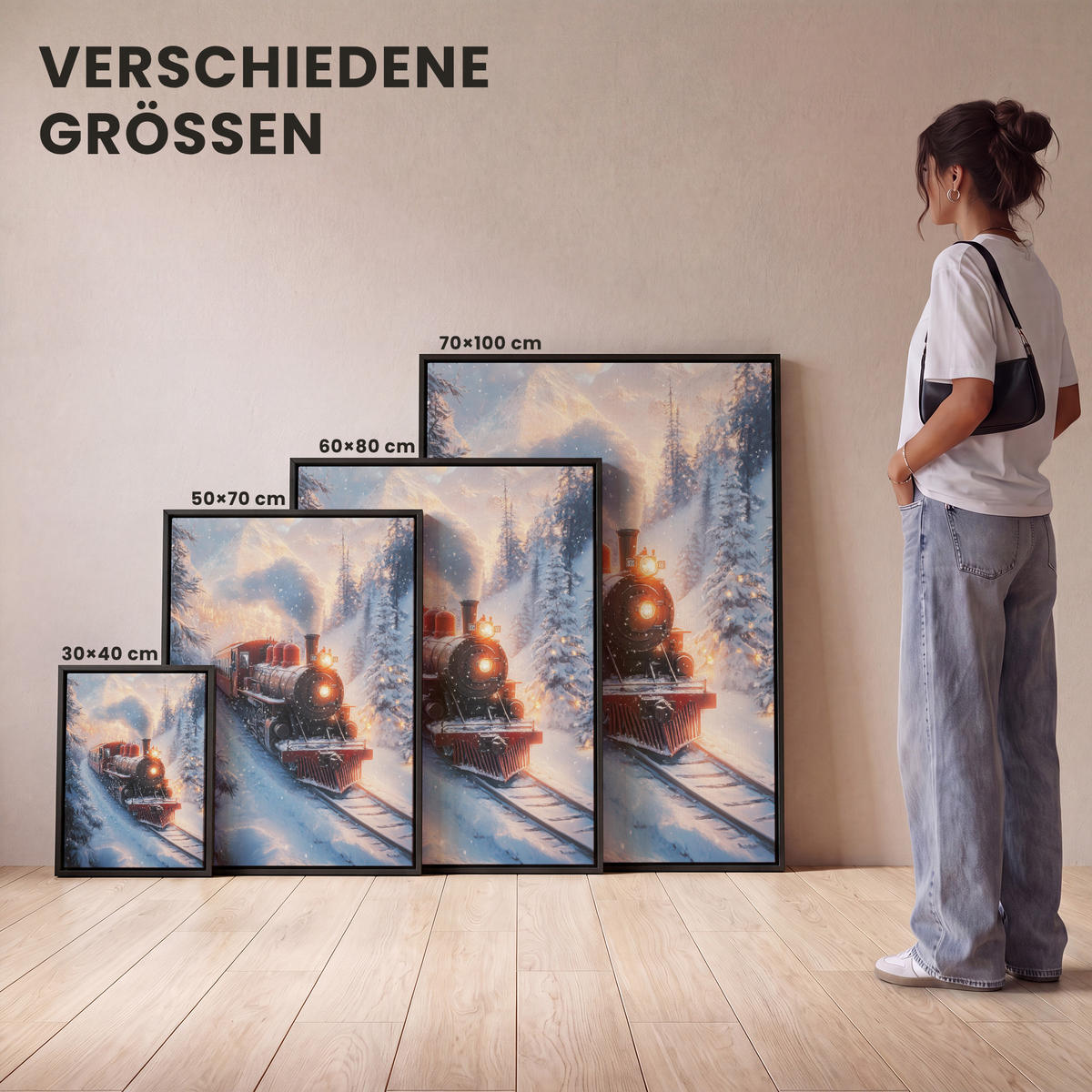 LEINWAND Bilder mit Rahmen - Weihnachtszug - Schnee - Winter - Weihnachten - 70x100 - Dunkelrot, Textil (70/100cm) - MuchoWow