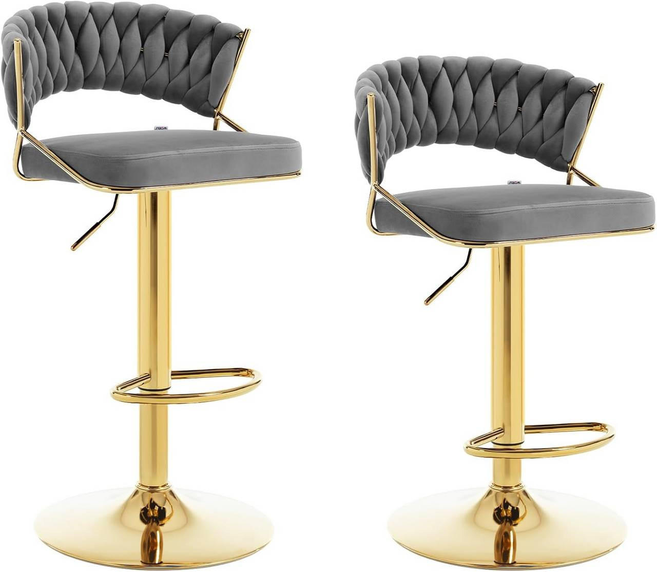 BARHOCKER 2er Set, mit geflochtener Rückenlehne, Samt, Dunkelgrau - Dunkelgrau/Goldfarben, Textil/Metall (48/83/46.5cm) - Woltu