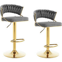 BARHOCKER 2er Set, mit geflochtener Rückenlehne, Samt, Dunkelgrau - Dunkelgrau/Goldfarben, Textil/Metall (48/83/46.5cm) - Woltu