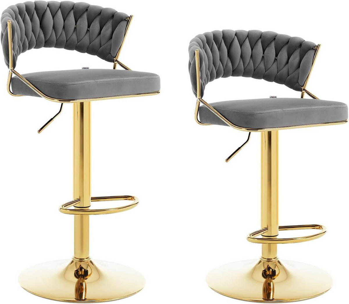 BARHOCKER 2er Set, mit geflochtener Rückenlehne, Samt, Dunkelgrau - Dunkelgrau/Goldfarben, Textil/Metall (48/83/46.5cm) - Woltu