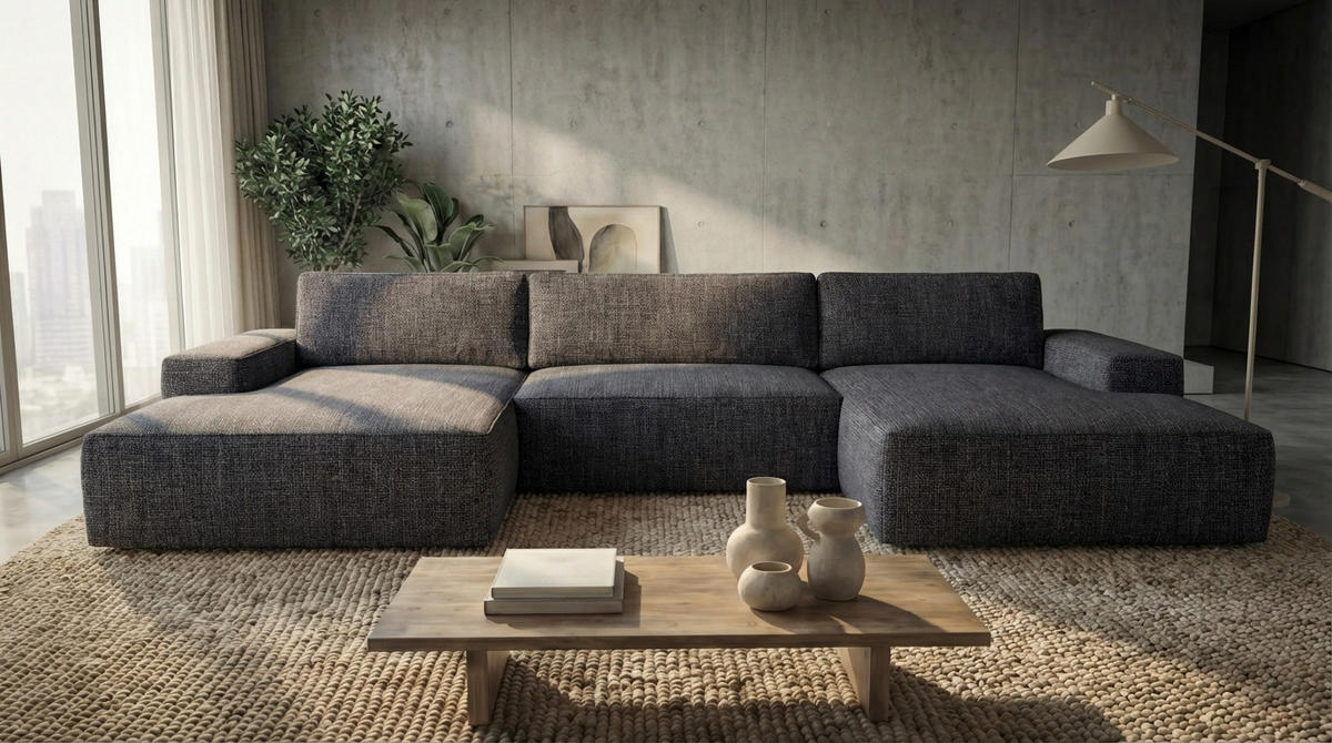 ECKSOFA EINAR 362 cm x 170 cm – Stoff: SAWANA Pfeffer 5 Farbe: Dunkelgrau - Dunkelgrau, Textil (362/170cm) - A&J MöbelLand