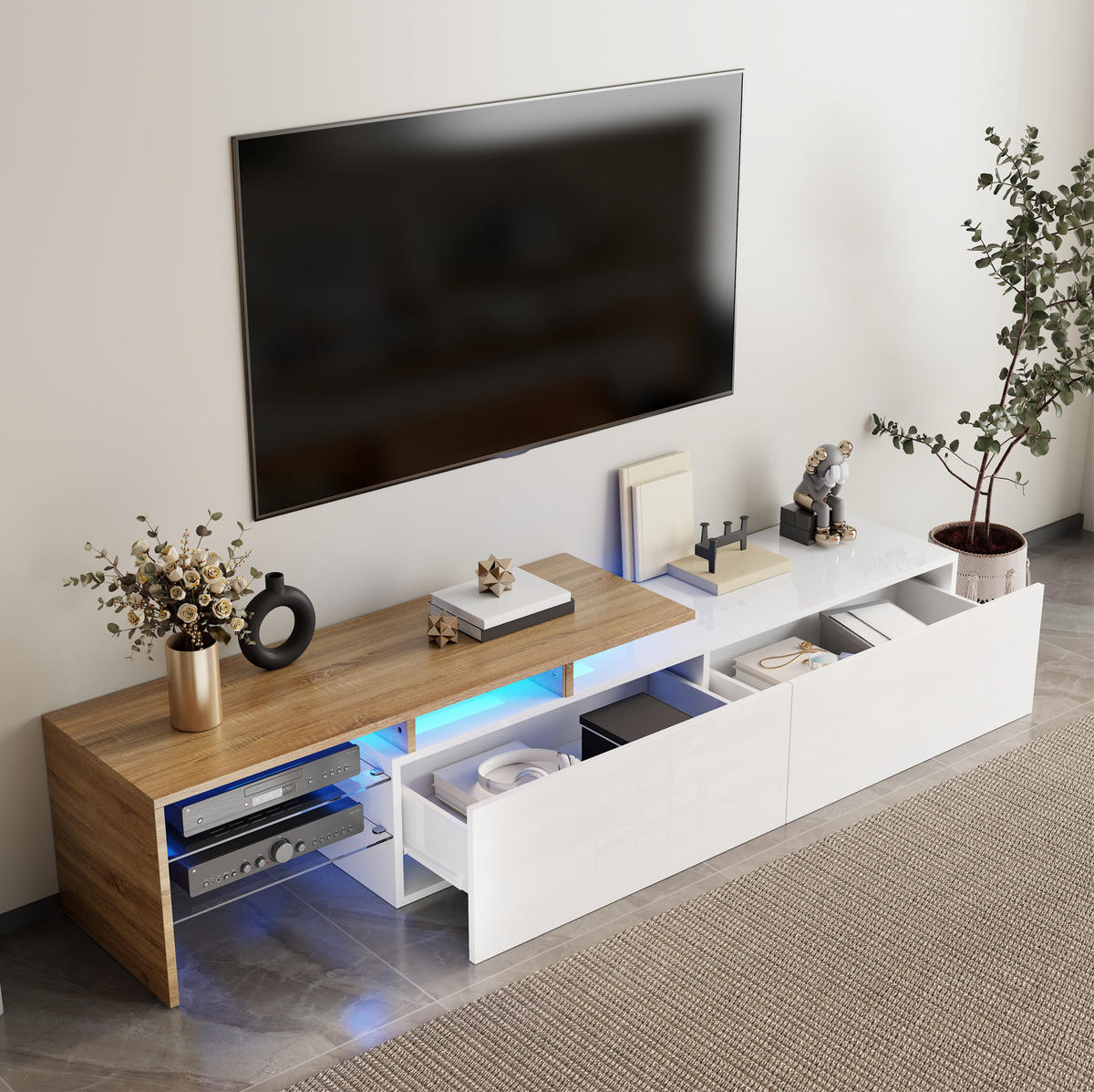 TV-SCHRANK 170/33/33,5 cm Hochglanzweiß Holzoptik mit LED-Beleuchtung und Glasböden - Weiß, Holzwerkstoff (170/33.5/33cm) - OKWISH