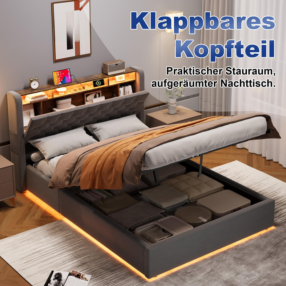 POLSTERBETT 140/190 cm in Dunkelgrau Samt mit Bettkasten, LED-Beleuchtung und USB-Anschluss - Dunkelgrau, Holzwerkstoff/Textil (140/190cm) - CHICFURN