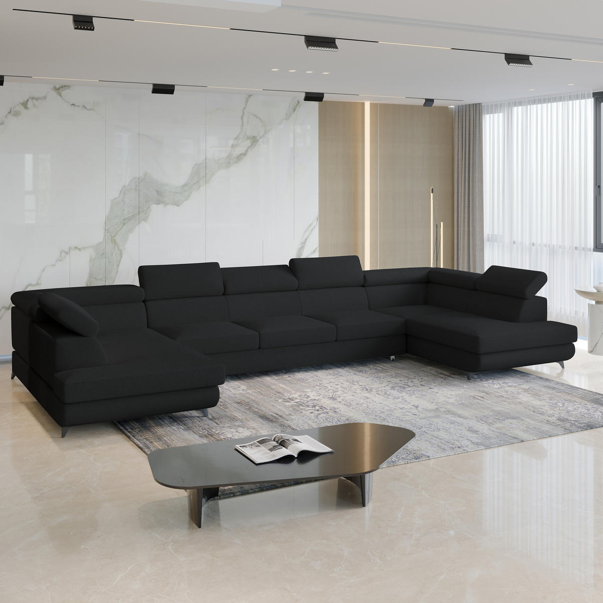 WOHNLANDSCHAFT URMANO Schwarz Boucle-Stoff mit Schlaffunktion - Schwarz, Holz (395/89/190cm) - MASSENO