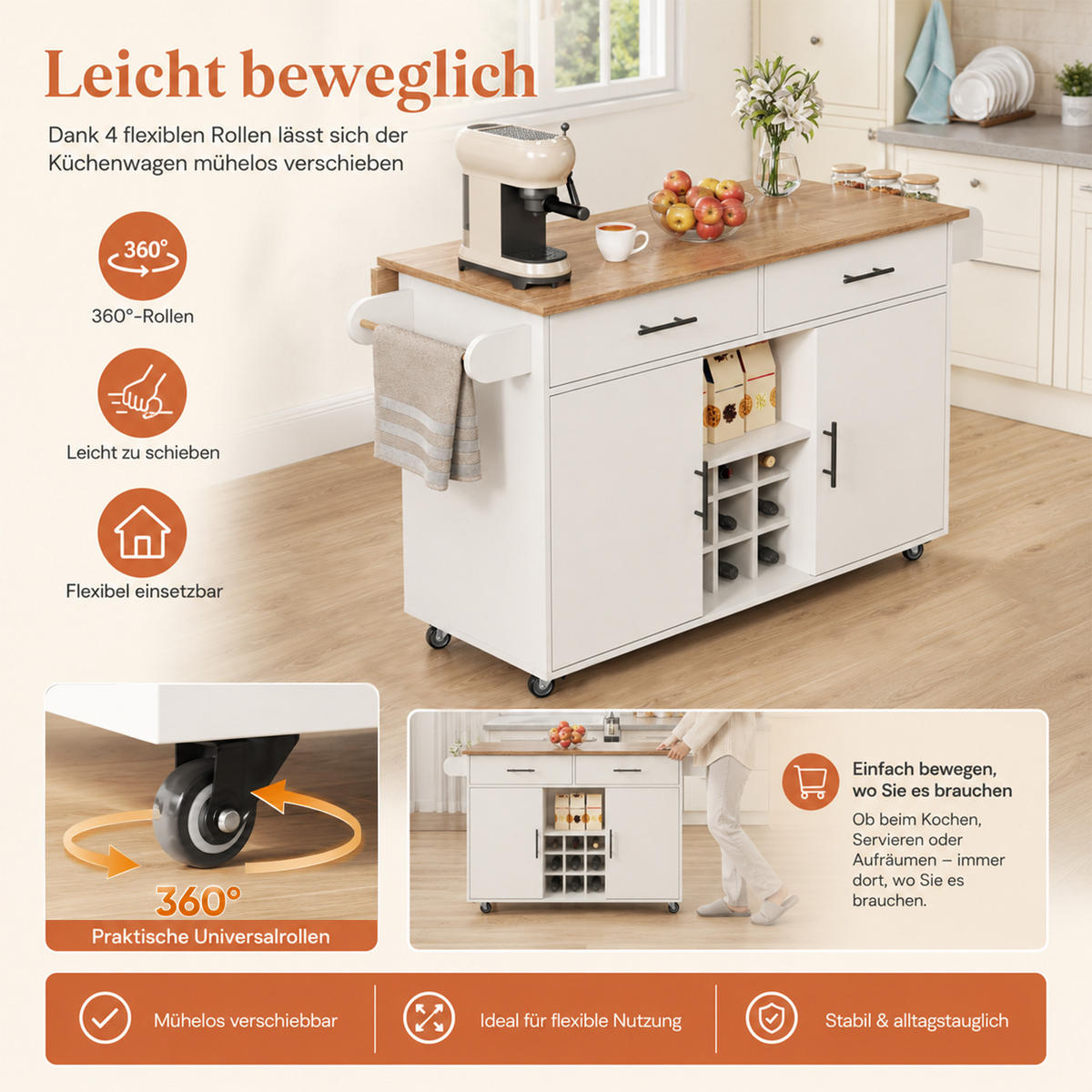 KÜCHENINSEL DE-41512 120/45/84 cm, klappbare Arbeitsplatte, Weinregal Weiß - Weiß, Holzwerkstoff (120/84/45cm) - ComfortXL