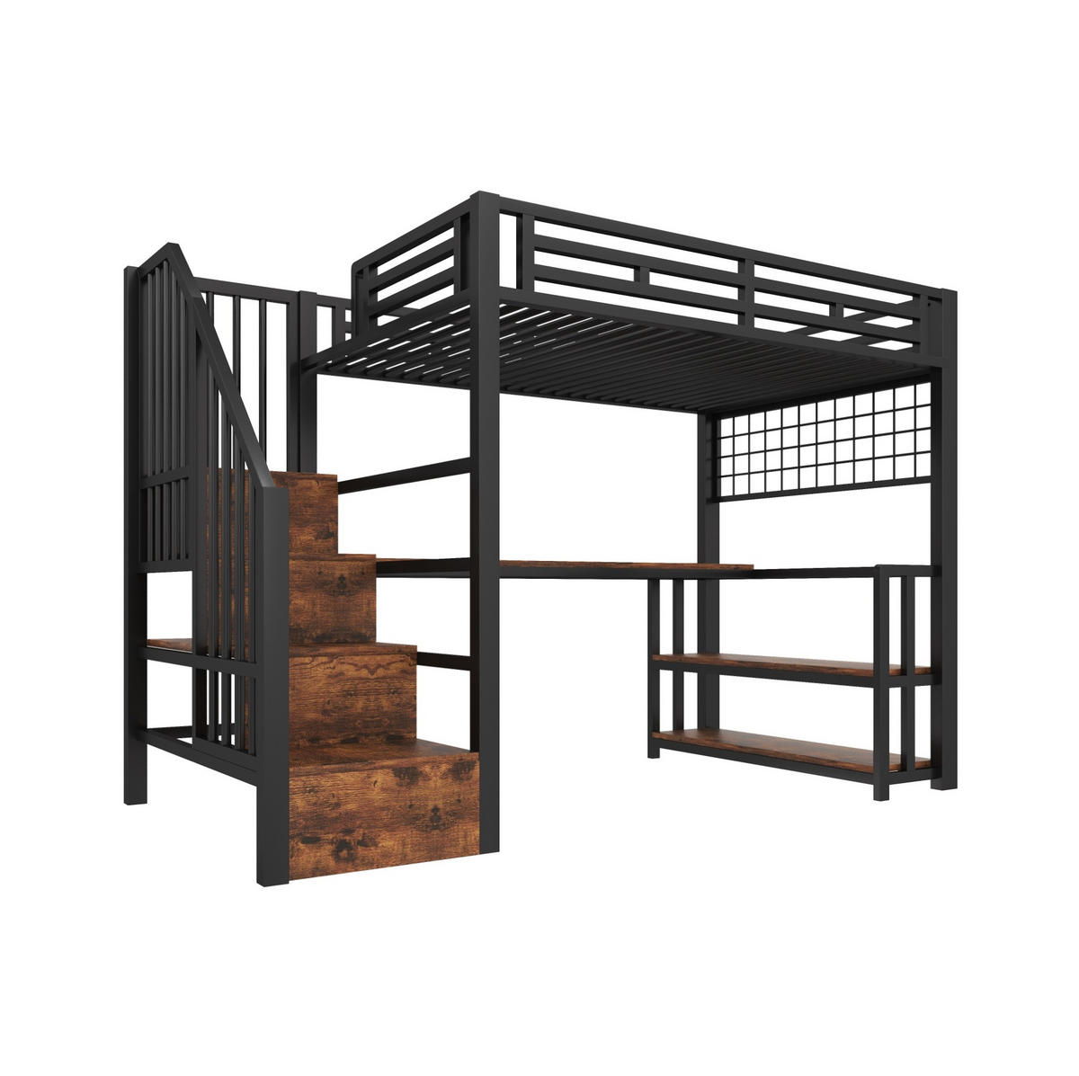 HOCHBETT 90/200 cm in Schwarz – mit Schreibtisch, Stauraumtreppe und LED - Schwarz, Metall (90/200cm) - BEAOK