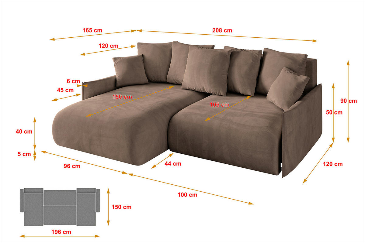 ECKSOFA mit Schlaffunktion und Bettkasten ONESK-L -v1 208x165x40 Braun Velours - Braun, Holzwerkstoff/Kunststoff (208/165cm) - ALTDECOR