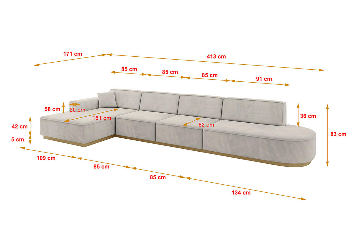 ECKSOFA Ottomane Links IREA-L3-v2 - 413x171x83 cm Hellbraun - Hellbraun, Holzwerkstoff/Textil (413/171cm) - ALTDECOR