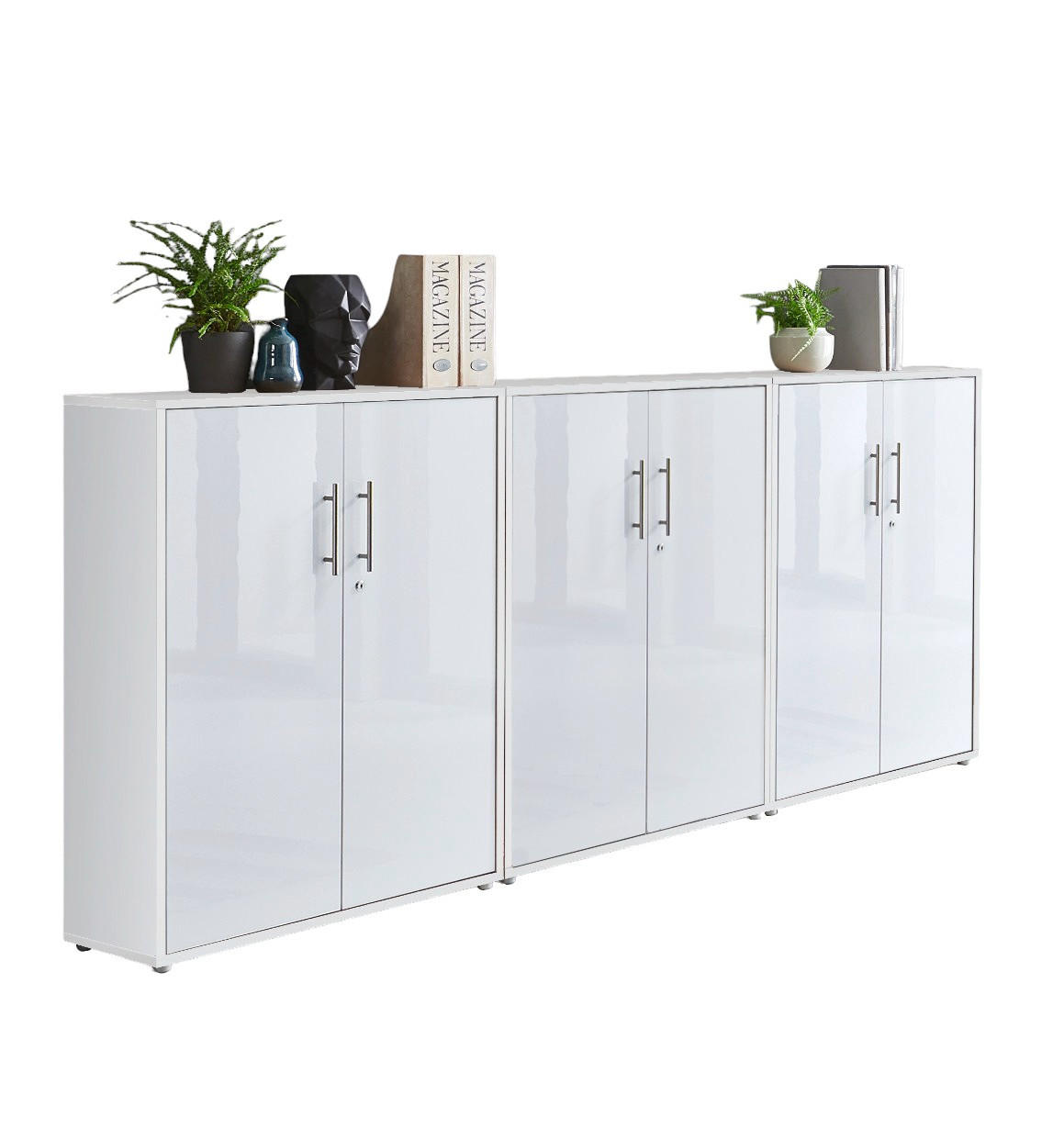 BÜROMÖBELSET 3-tlg. weiß / weiß Hochglanz - Weiß Hochglanz/Weiß, Holz (253.2/113.6/33cm)