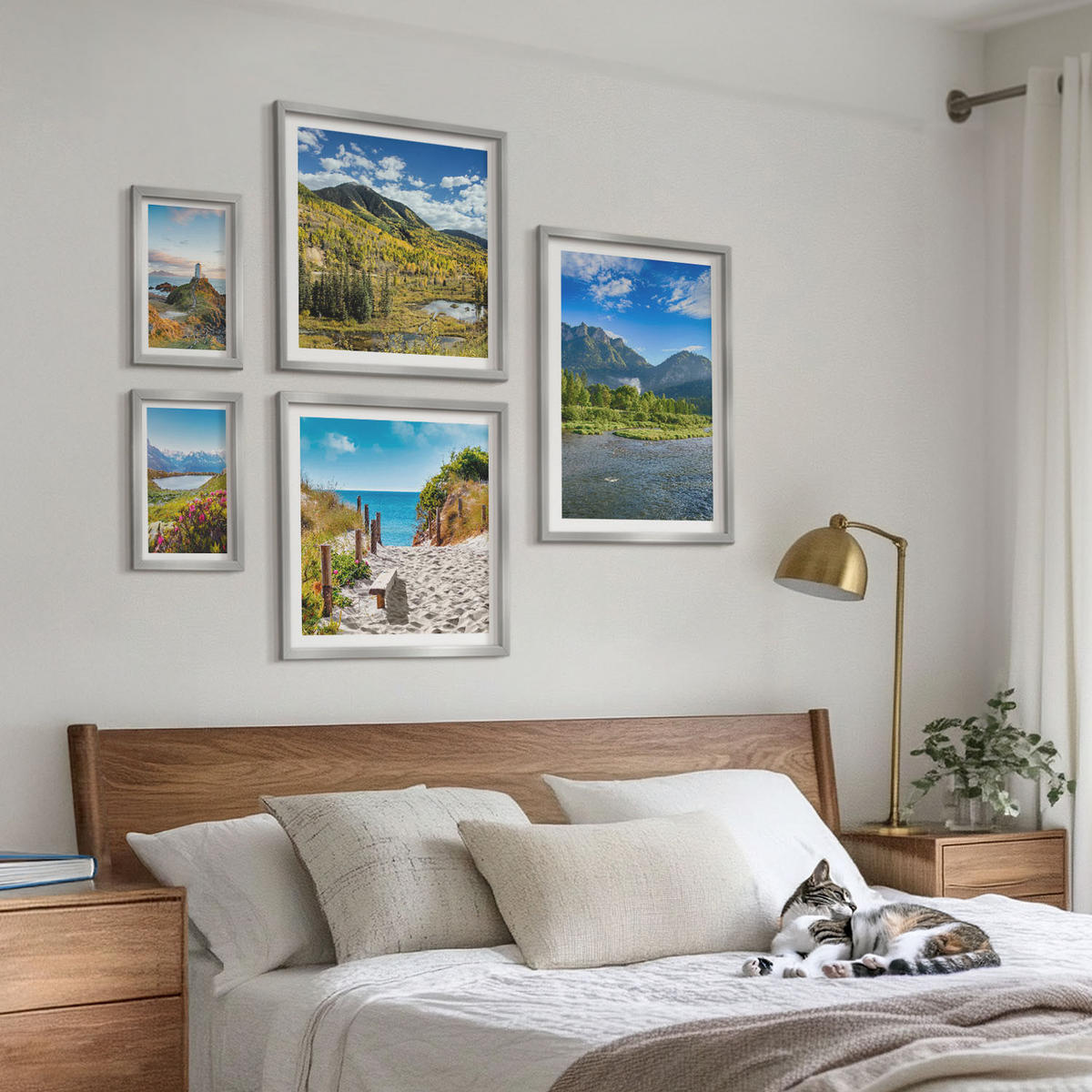 WANDBILDER 5er Set - 50x50 cm & 20x30 cm & 40x60 cm Silberner Rahmen - See, Brücken, Berge - Silberfarben, Kunststoff (40/60cm) - ArtPrintCave
