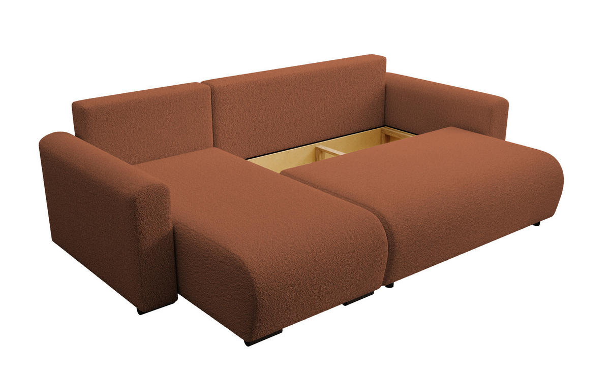 ECKSOFA DORA L, Eckcouch in L-Form mit Schlaffunktion und Bettkasten, Farbe: Orange, Bouclé-Stoff, Ottomane Links - Orange, Textil (240/143cm) - Storez24