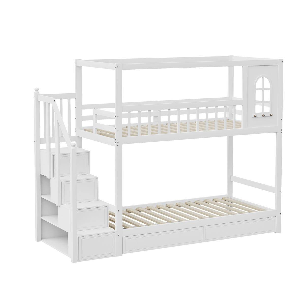 ETAGENBETT 90/200 cm weiß aus massivem Holz mit Sicherheitsleiter und Aufbewahrung - Weiß, Holz (90/200cm) - OKWISH