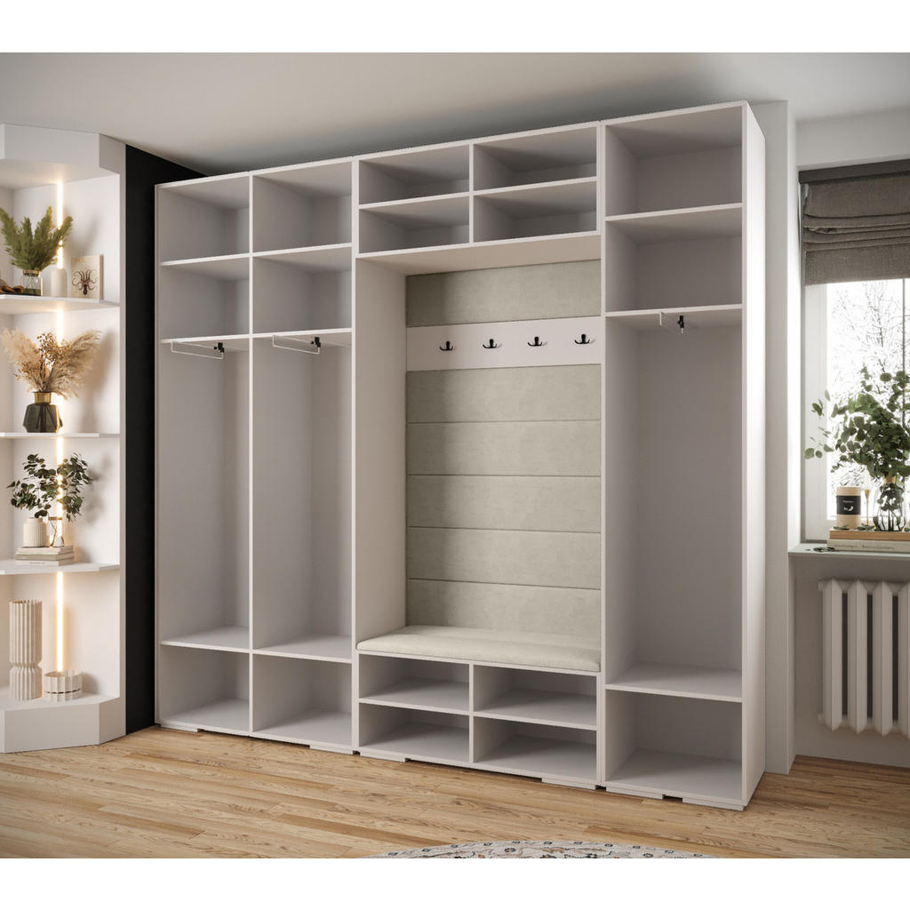 Thumbnail - Abiks Möbel Garderoben-Set, Weiß, Dunkelbraun, Gold, Metall, Nachbildung, 2-Sitzer, 13 Fächer, 250x236.7x47 cm, Garderob...