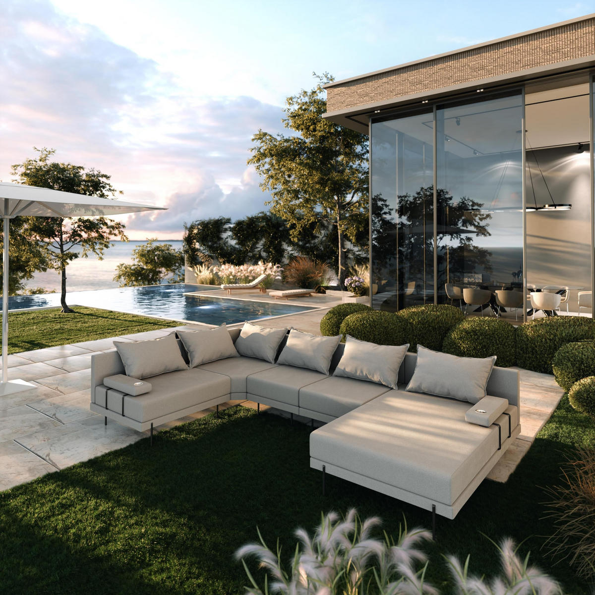 GARTENSOFA BAHAMA XL Links - Wetterfeste Balkonmöbel & Terrassenmöbel Außen - Moderne Lounge Möbel für Garten - Balkon & Terrasse - Grau - Grau, Kunststoff (370/75/222cm) - Trada