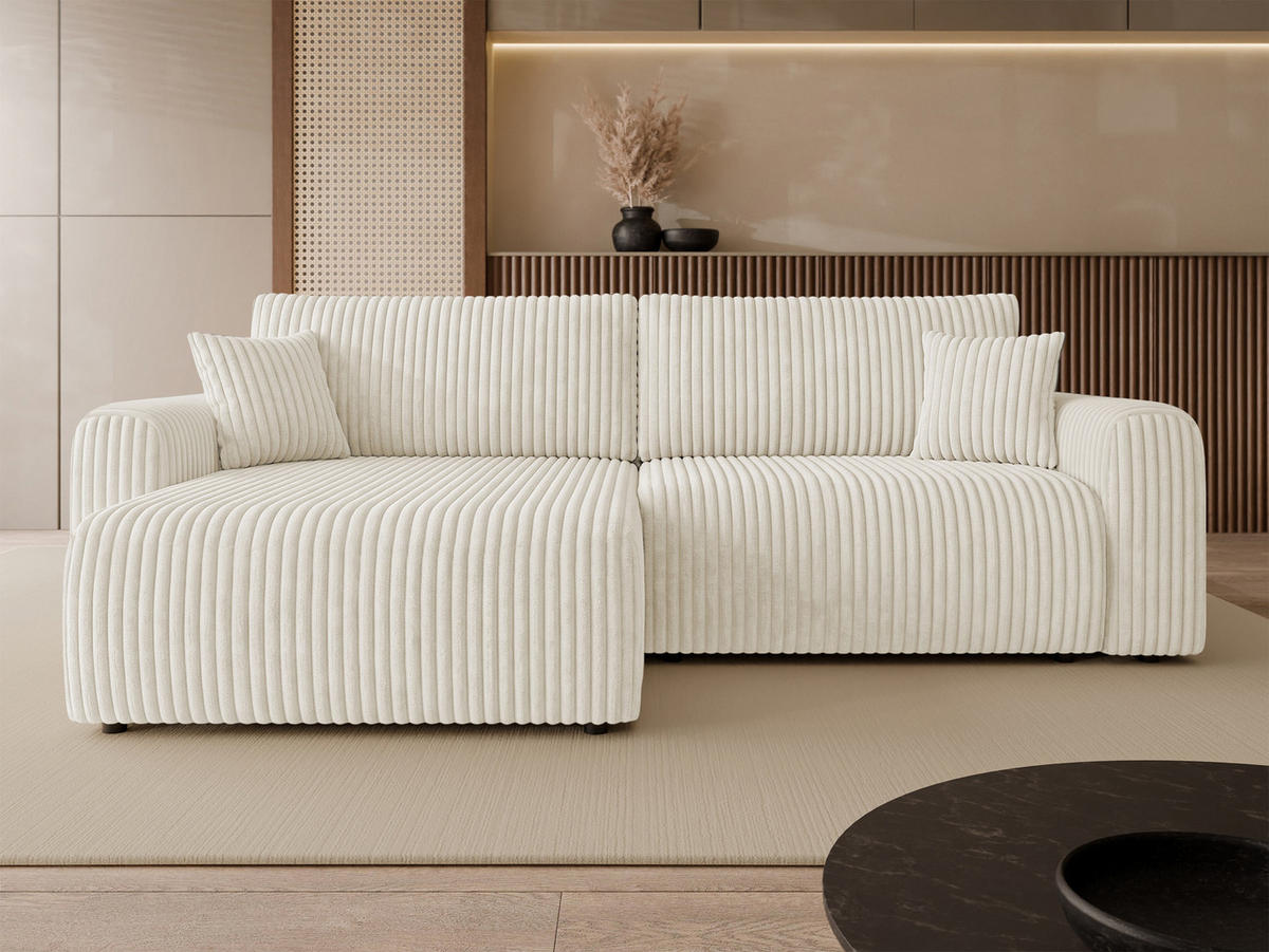 ECKSCHLAFSOFA Floryn L Cord Bis - Creme/Schwarz, Holz/Kunststoff (245/145cm) - MIRJAN24
