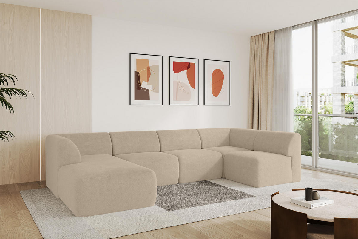 WOHNLANDSCHAFT Ottomane Links MOVO-L 345x180x78 cm Creme Tissu - Klar, Holzwerkstoff/Kunststoff (345/78/180cm) - ALTDECOR