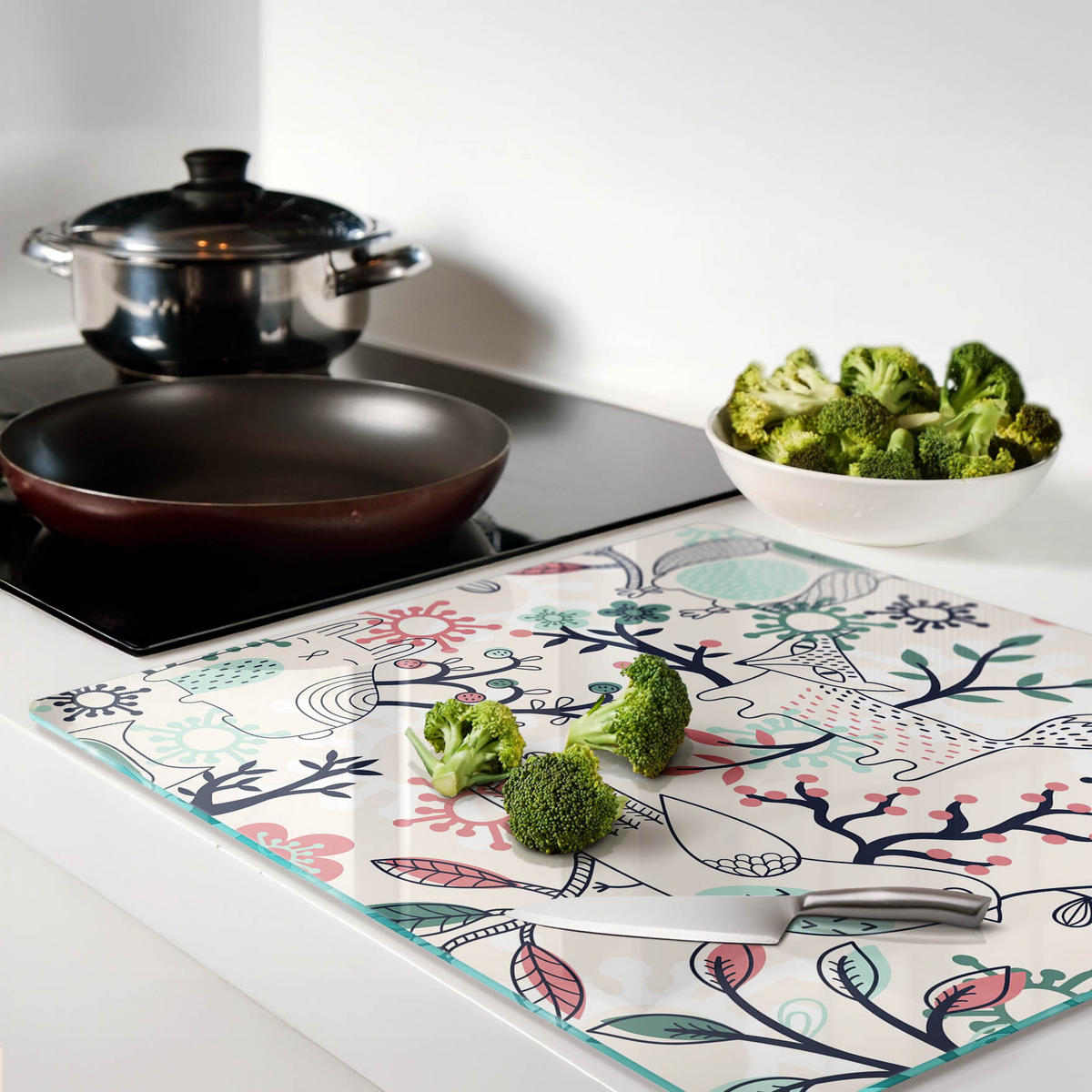GLASPLATTE 60x52 cm Tiere und Blumen - Blau/Hellgrau, Glas (60/0.4/52cm) - TULUP