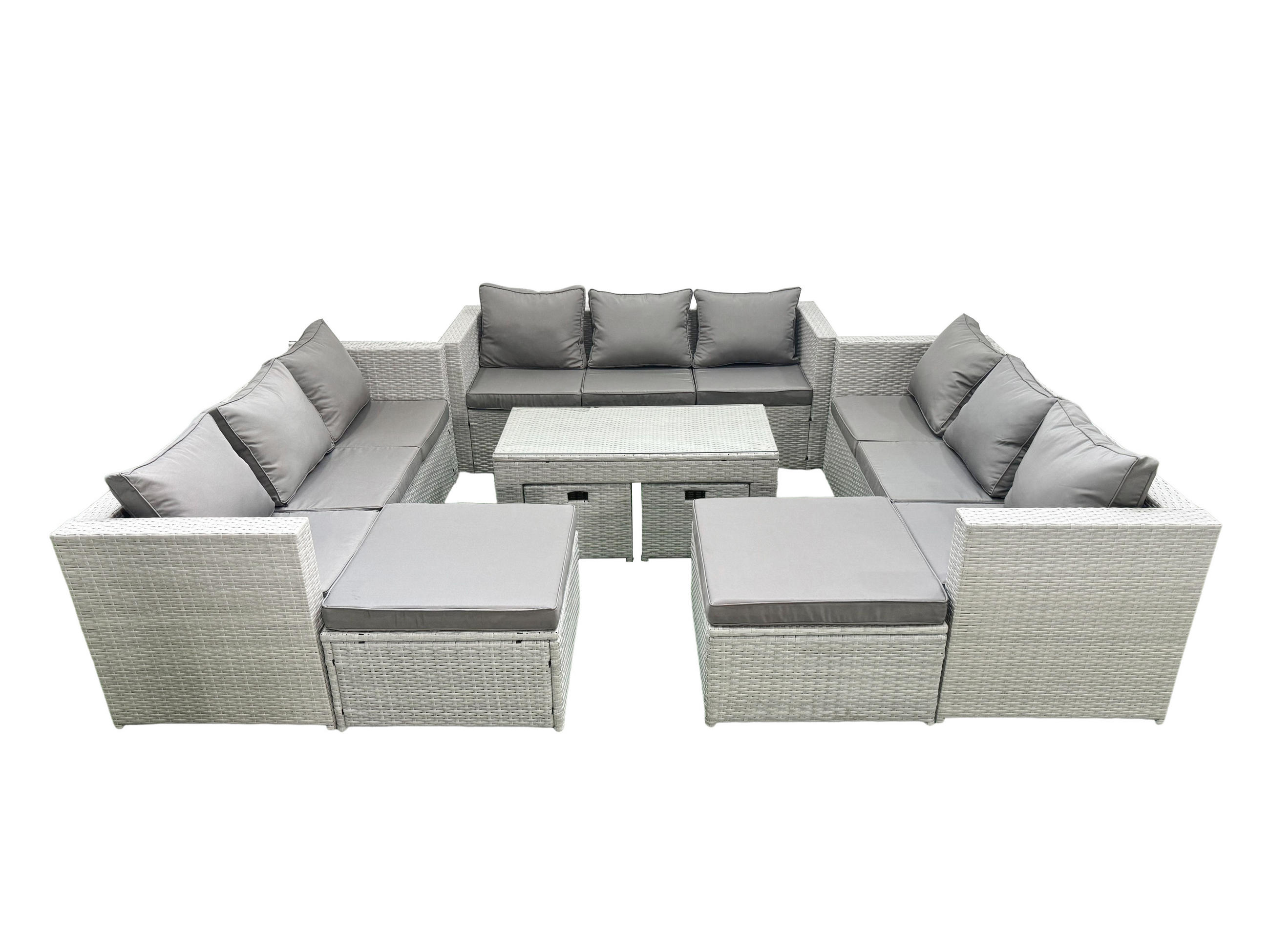BALKONMÖBEL-SET Polyrattan Hellgrau-Mix 13-teilig - Hellgrau/Grau, Glas/Kunststoff - Fimous