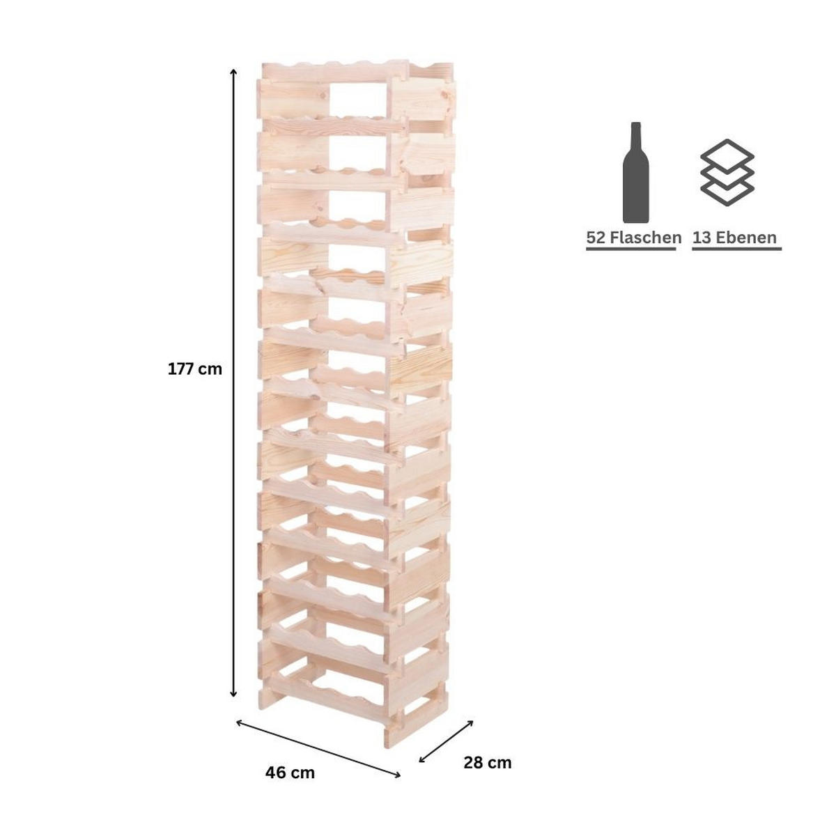 WEINREGAL VINOTECA FLEX PRO HxBxT 177x46x28cm 52 Flaschen auf 13 Ebenen Natur unbehandelt - Naturfarben, Holz (46/177/28cm) - PROREGAL
