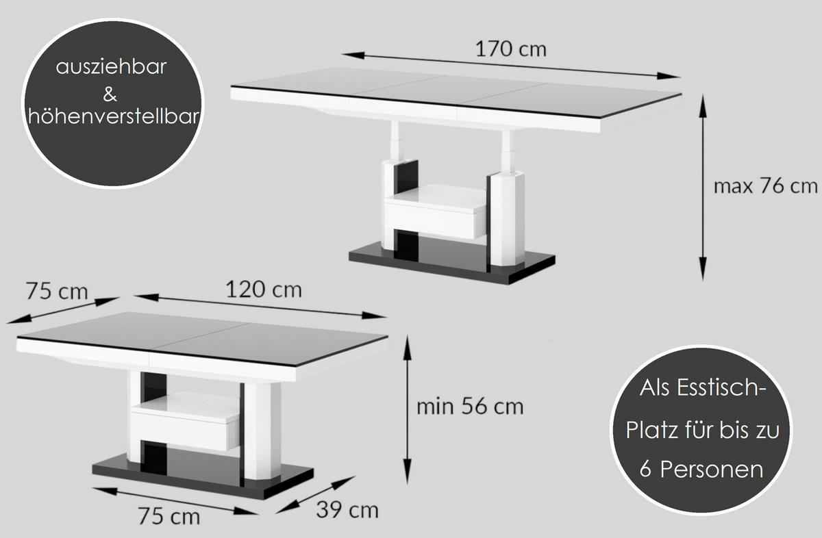 COUCHTISCH rechteckig höhenverstellbar ausziehbar Schublade 120/75/56 cm - Weiß Hochglanz/Hellgrau, Holzwerkstoff (75/120/56cm) - designimpex
