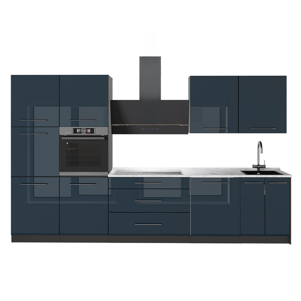 KÜCHENZEILE Fame-Line, Dunkelblau Hochglanz/Anthrazit, 340 cm, AP Marmor - Anthrazit/Dunkelblau, Holzwerkstoff (340/206.8/60cm) - Vicco