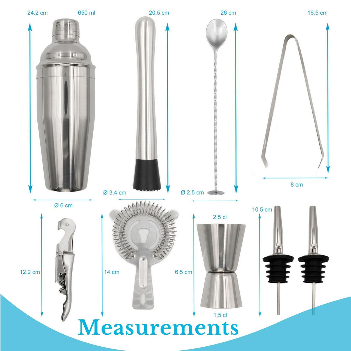 COCKTAIL-SHAKER Set mit Bambus-Ständer (12-tlg.) - Silberfarben, Metall (10.5/25.5/27.5cm) - Intirilife