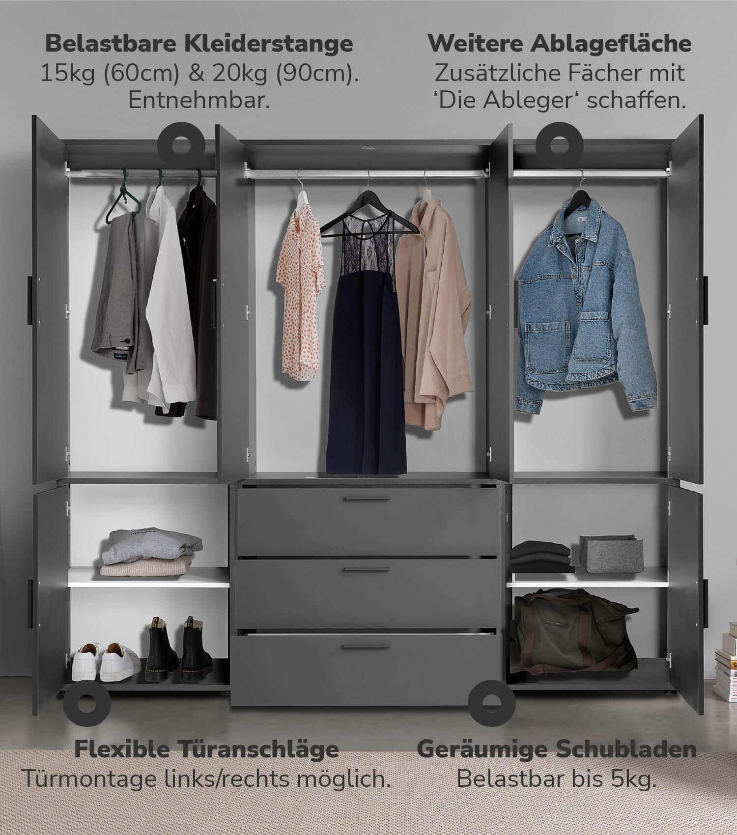 KLEIDERSCHRANK mit Spiegel Der Grenzenlose - Anthrazit, Holzwerkstoff (210/187/58cm) - Mokebo
