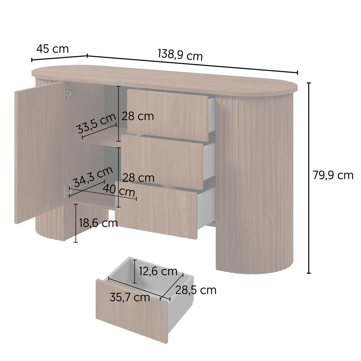KOMODA Carlo s 1 dvířky a 3 zásuvkami, Push-To-Open, 140 cm, ořech - barva vlašského ořechu, kompozitní dřevo (139/80/45cm) - Beautysofa