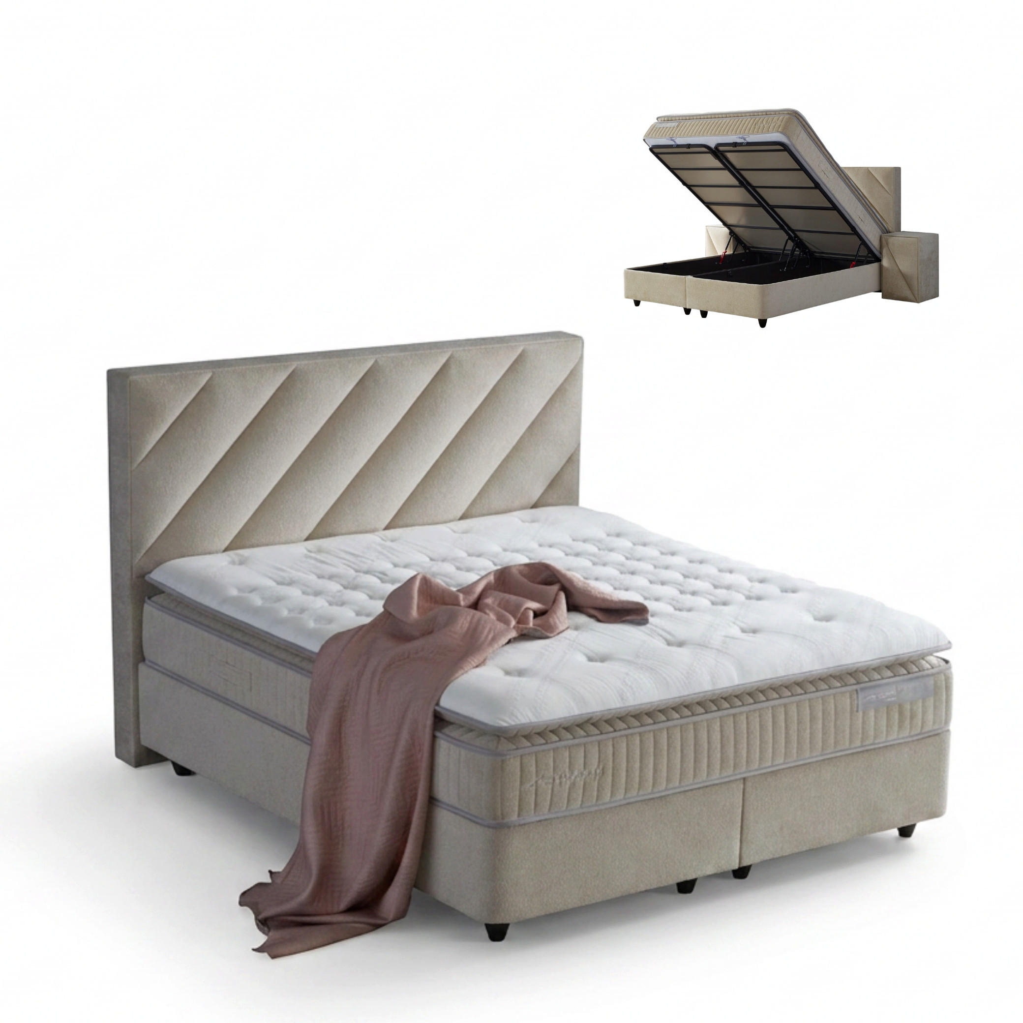 BOXBETT Shine Bett boxspringbett 120x200 mit matratze - Beige, Holz (120/200cm)