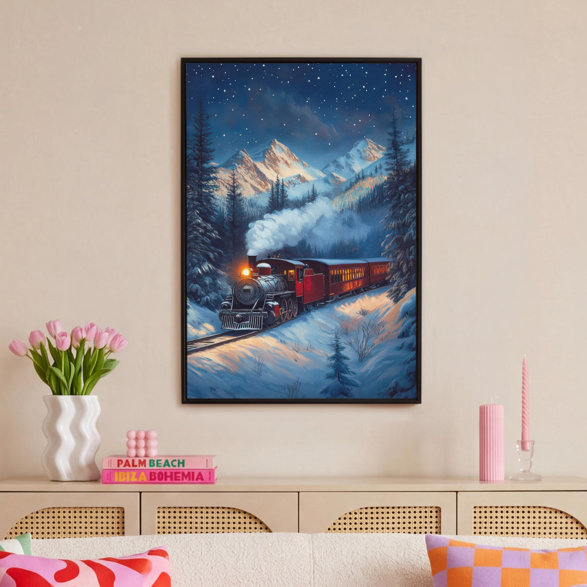 LEINWAND Bilder mit Rahmen - Zug - Weihnachten - Schnee - Weihnachtszug - 60x90 - Anthrazit, Textil (60/90cm) - MuchoWow