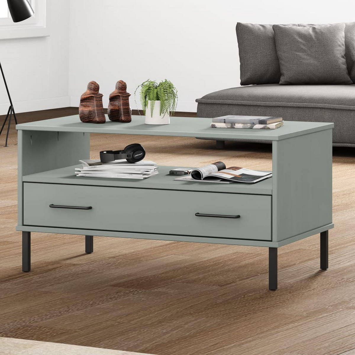 COUCHTISCH OSLO mit Metallbeinen Grau 85x50x45 cm Massivholz - Grau, Holzwerkstoff (85/50/45cm) - furnicato