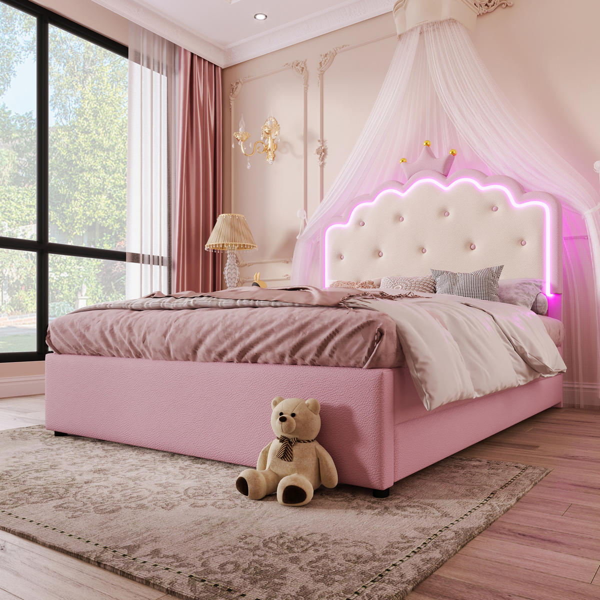 POLSTERBETT 140/200 cm Rosa mit Lattenrost und Ambiente-Beleuchtung - Rosa, Kunststoff (140/200cm) - OKWISH