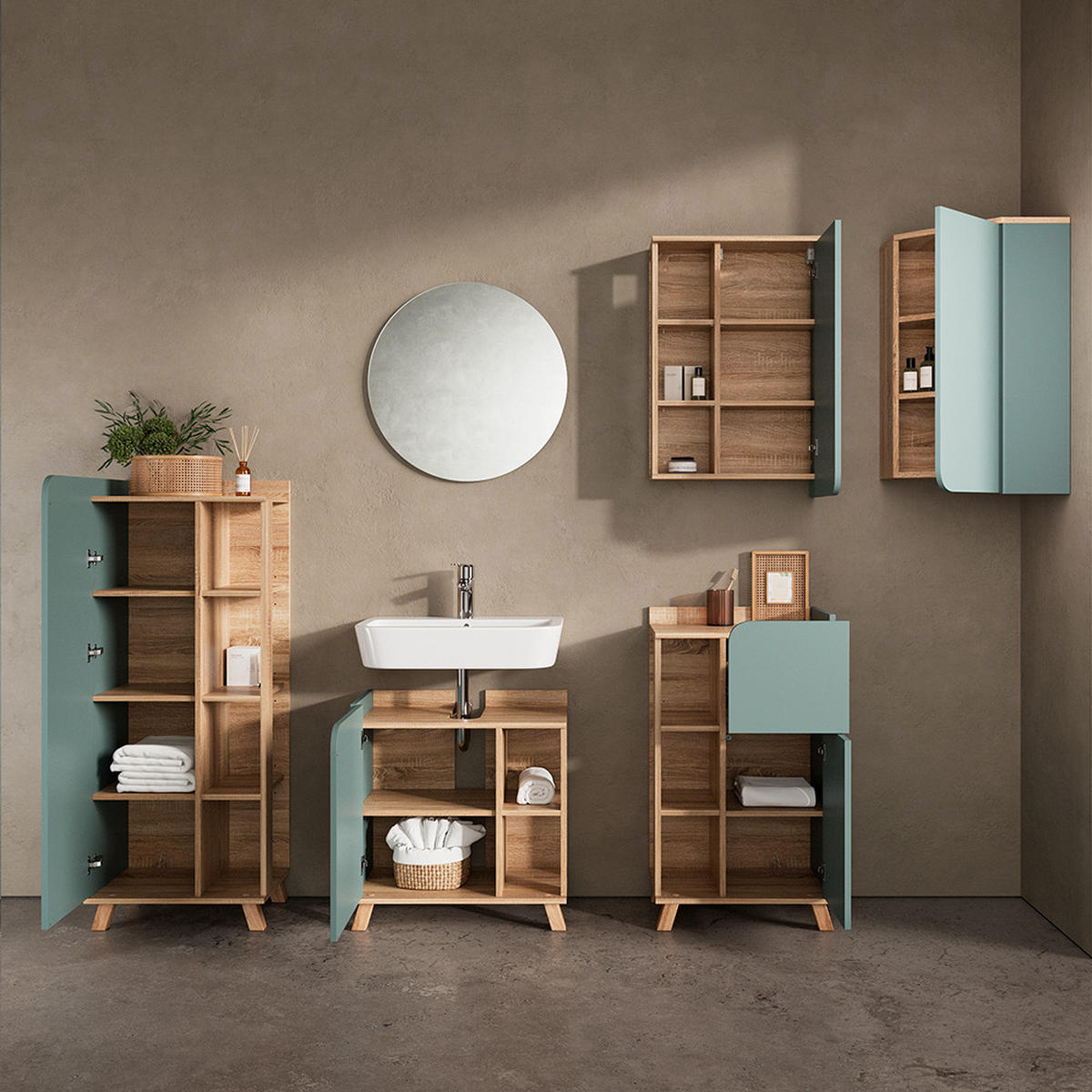 BADSCHRANK Marano Blau-Grau 42.4 x 75 cm mit Tür und offenen Fächern - Blaugrau/Sonoma Eiche, Holzwerkstoff (42.4/75/42.4cm) - Livinity®