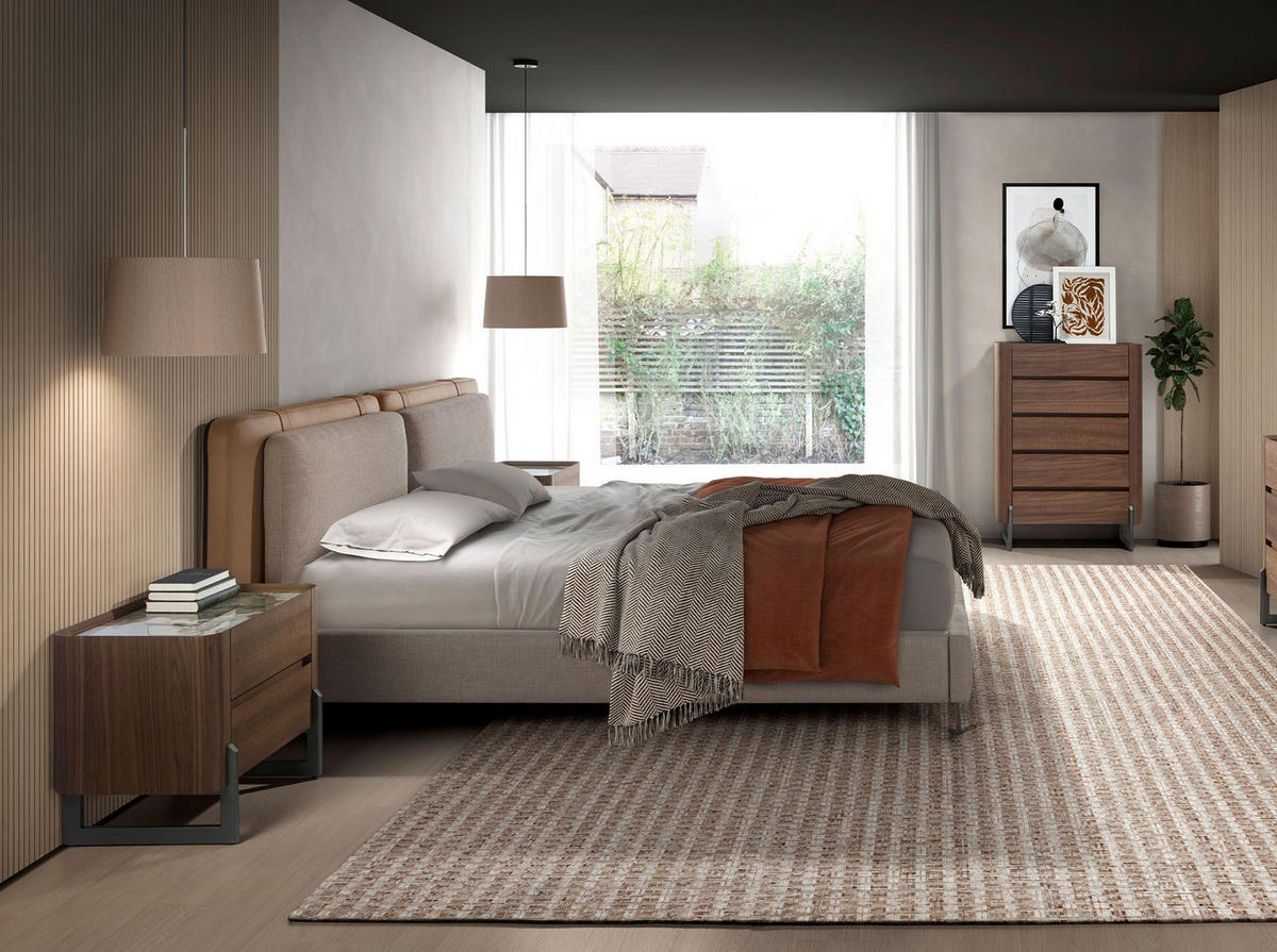 BETT Bett aus nerzfarbenem Kunstleder und grauem Stoff 217/222/100 cm - Taupe/Edelstahlfarben, Leder (180/200cm) - ANGEL CERDA