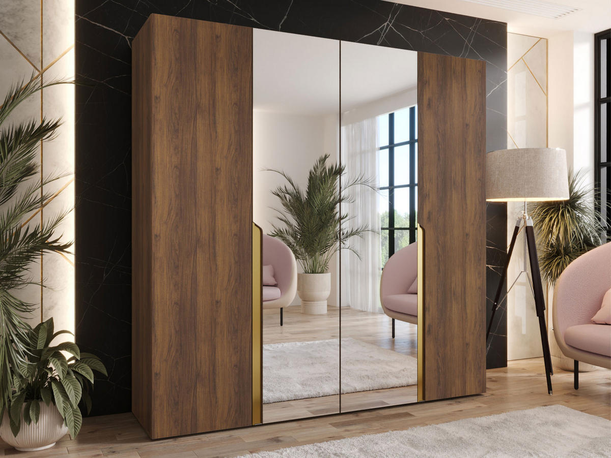 DREHTÜRENSCHRANK Mila II 200 - Goldfarben/Nussbaumfarben, Holzwerkstoff/Kunststoff (200/202/52cm) - MIRJAN24