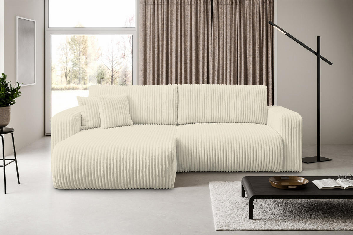 ECKSOFA Tilly, Eckcouch in L-Form mit Schlaffunktion und Bettkasten, Farbe: Beige, Cordstoff, Ottomane Universal - Beige, Textil (244/142cm) - VENASI MÖBEL