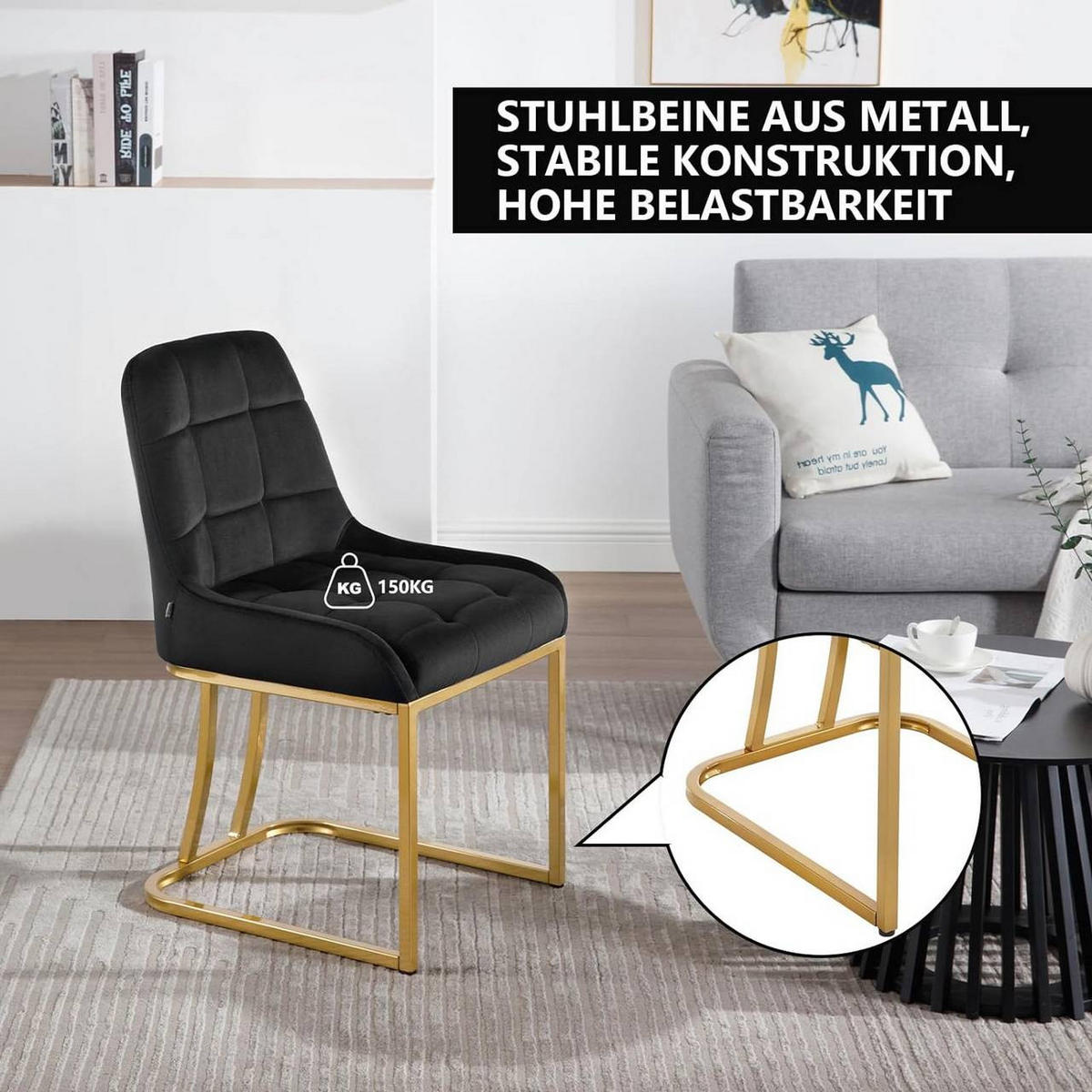 ESSZIMMERSTUHL 2er Set Beine in Bogenform, Samt, Schwarz - Goldfarben/Schwarz, Kunststoff/Textil (47.5/84/57.5cm) - Woltu