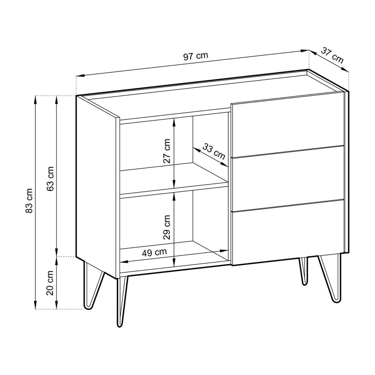 KOMMODE ARMONIA 97/83/37 cm mit 3 Schubladen 1 Türen Schwarz - Schwarz, Holzwerkstoff (97/83/37cm) - MASSENO