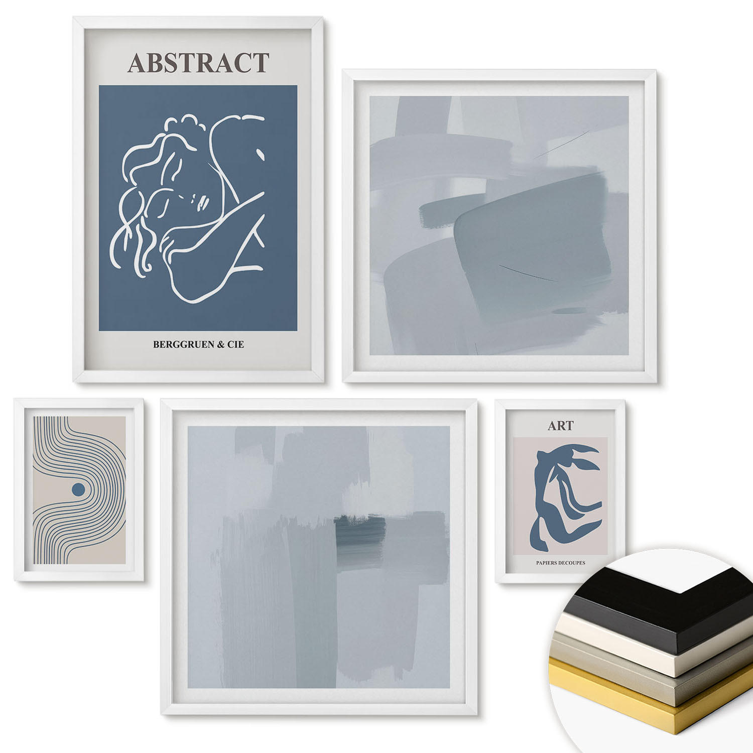 WANDBILDER 5er-Set - 50x50 cm & 20x30 cm & 40x60 cm Weißer Rahmen - Poster mit abstrakten Linien und Wellen - Weiß, Kunststoff (40/60cm) - ArtPrintCave
