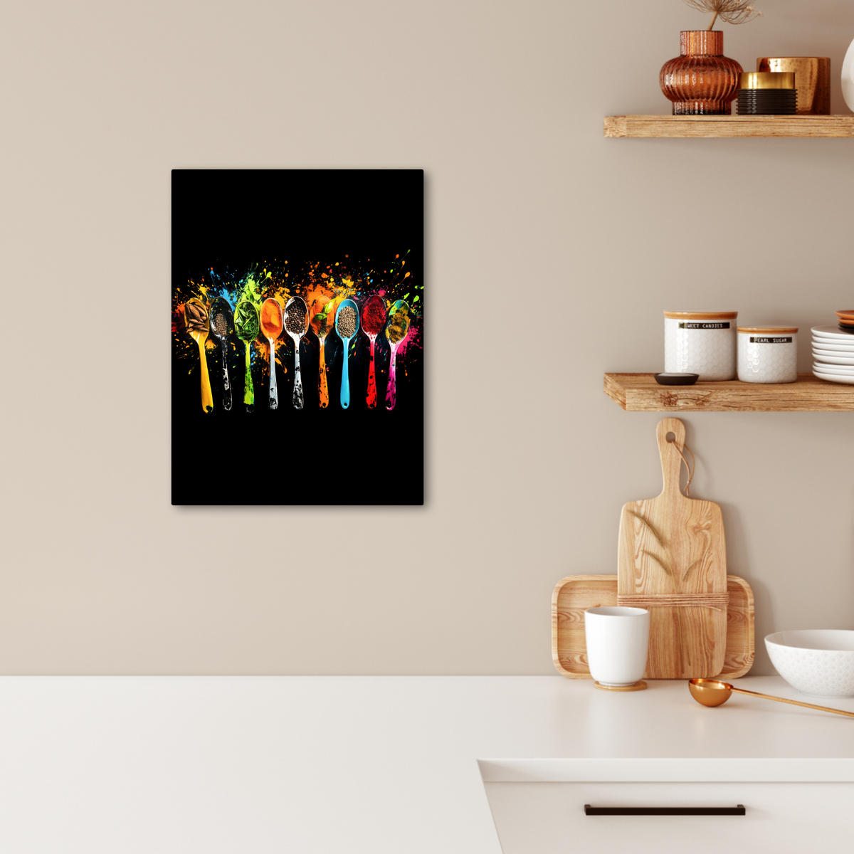 LEINWANDBILD Löffel - Gewürze - Modern - Graffiti - Farbe - Farbenfroh 30x40 cm - Multicolor, Textil (30/40cm) - MuchoWow