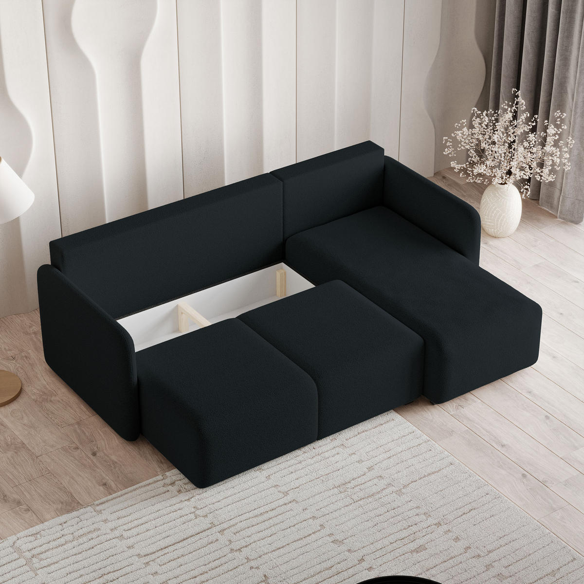 ECKSOFA SUVINO Schwarz Boucle-Stoff mit Schlaffunktion - Schwarz, Holz (230/143cm) - MASSENO