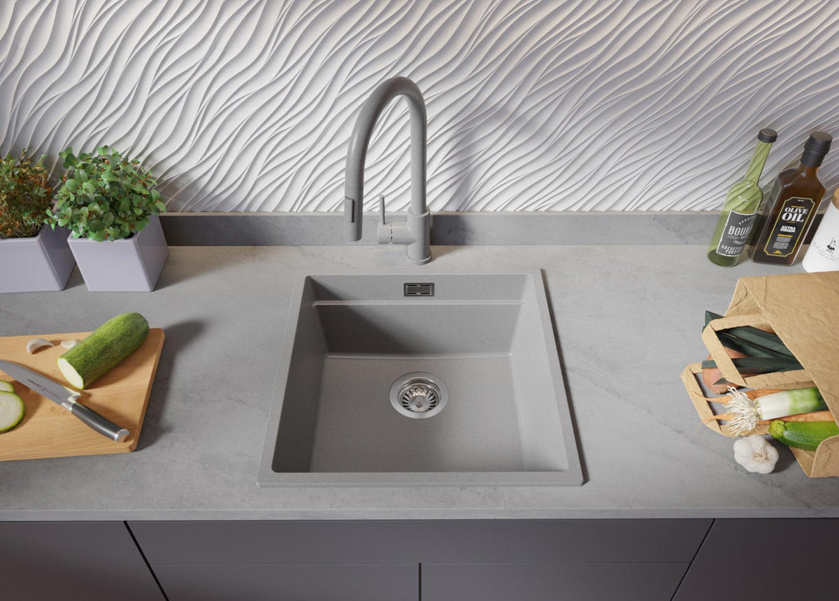 GRANITSPÜLE Praga Slim, 2-er set Grau 46/47 cm 1 Becken + Küchenarmatur 40/20 cm + Ablauf-Set + Aufrollbare Abtropffläche ab 50er Unterschrank - Chromfarben/Grau, Kunststoff (46/20/47cm) - Primagran