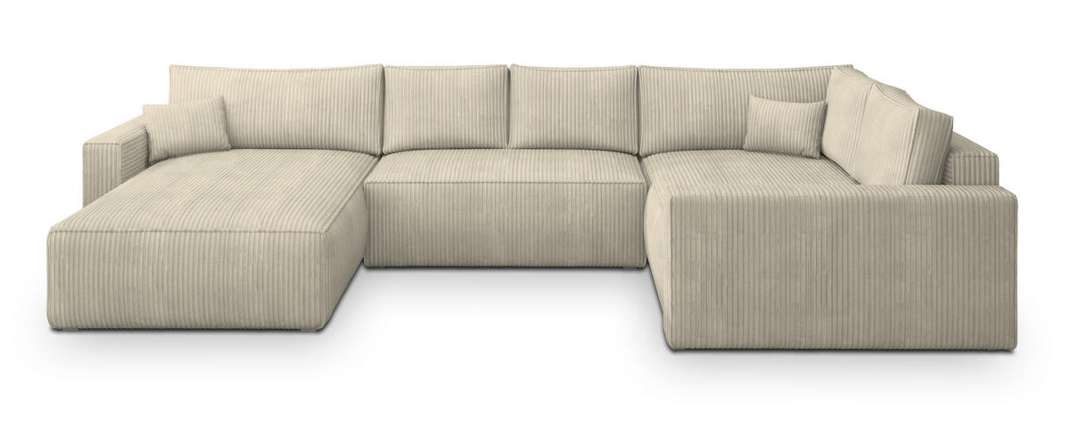 WOHNLANDSCHAFT VELAMI R-S Creme Kordstoff mit Schlaffunktion - Creme, Holz (365/83/194cm) - MASSENO