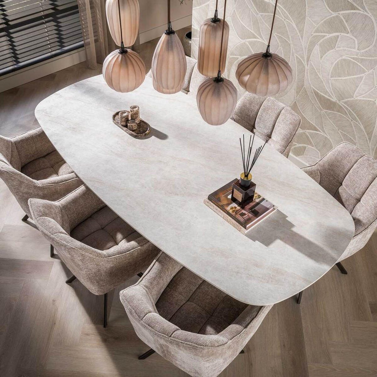 ESSTISCH CERAMO CENTO Dänisch ovaler Premium-Tisch mit 3D-Keramikplatte & Rillen-Säule 215 cm - Dunkelblau, Keramik (105/215/77cm) - alesvelt