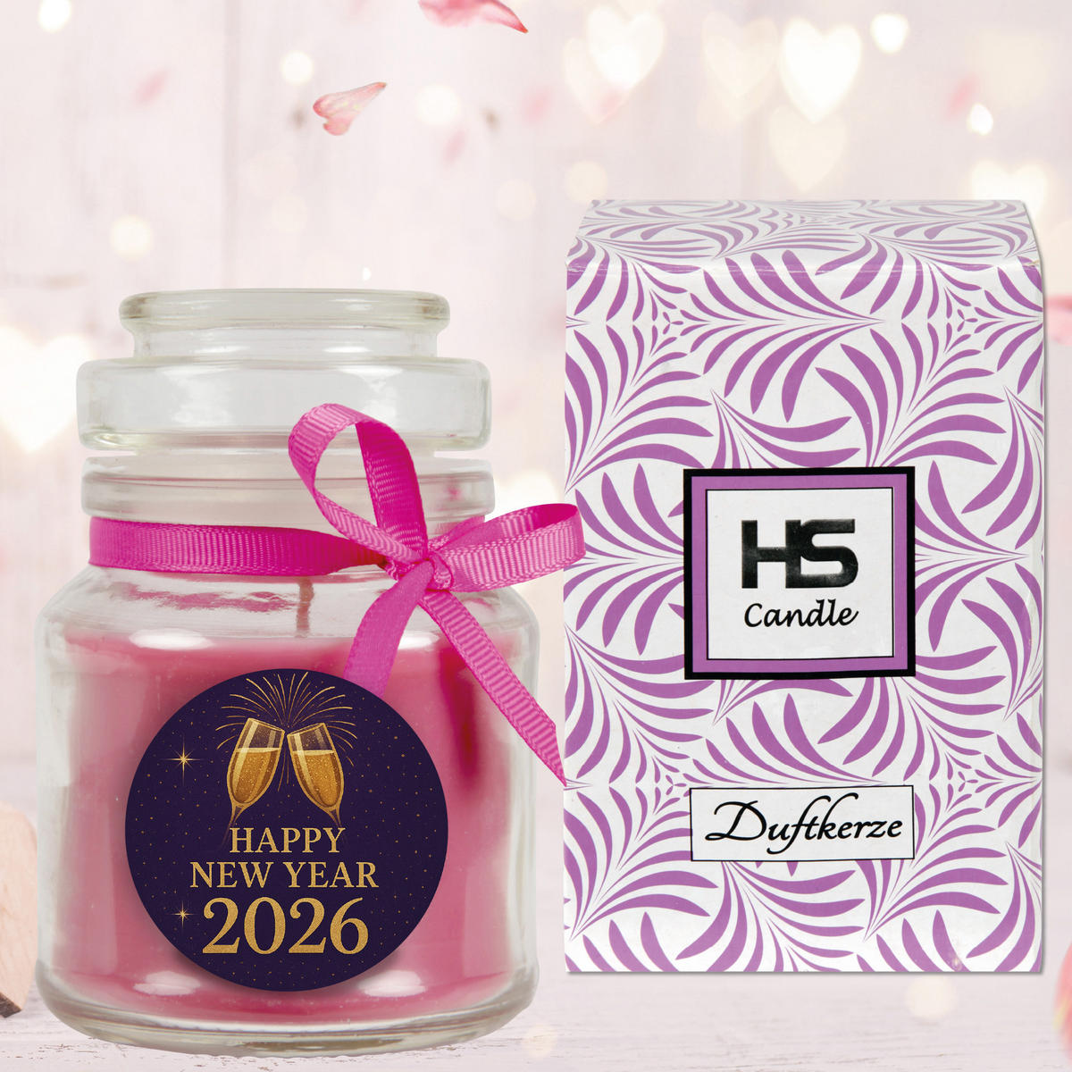 DUFTKERZE im Glas - Neujahr Lavendel Bonbonsglas 120 g - Rosa, Naturmaterialien (7/10cm)
